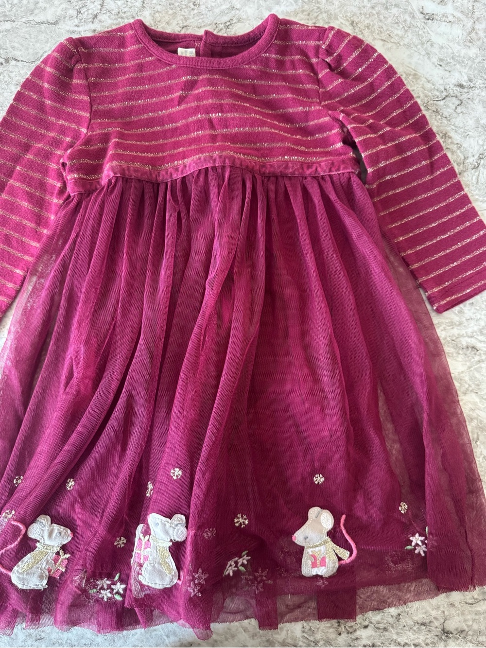 JoJo Maman Bebe Magenta Long-Sleeve Tulle Dress with Embroidered Mice